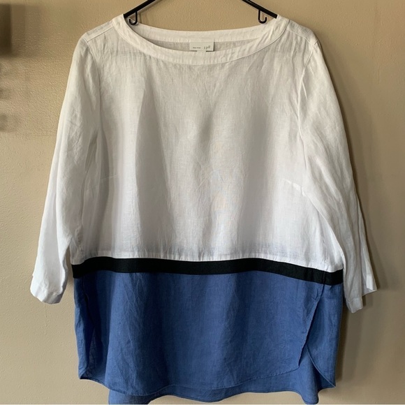 J. Jill Love Linen Color Block Blue and White Stripe Blouse Size Medium - Picture 1 of 8